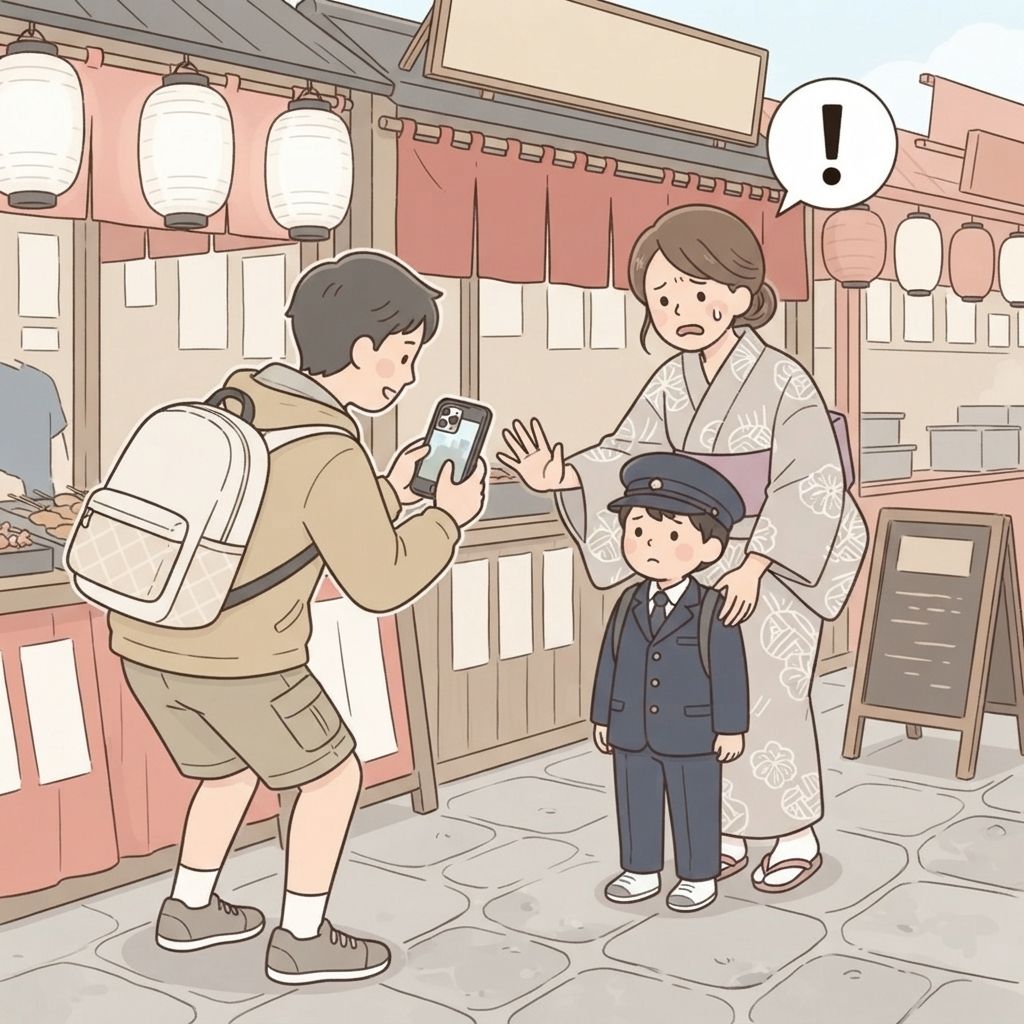 นักท่องเที่ยวเล็งกล้องมือถือไปที่เด็กญี่ปุ่นในชุดนักเรียนกลางงานเทศกาล พ่อแม่ของเด็กก้าวเข้ามาด้วยสีหน้ากังวล