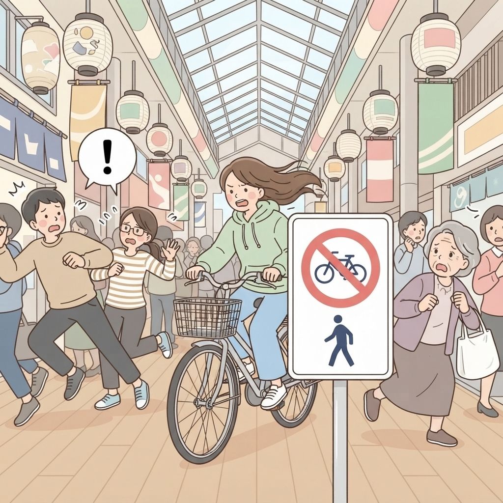 นักท่องเที่ยวปั่นจักรยานเร็วผ่านตลาดมีหลังคาที่แน่นขนัด คนเดินเท้าต้องกระโดดหลบ