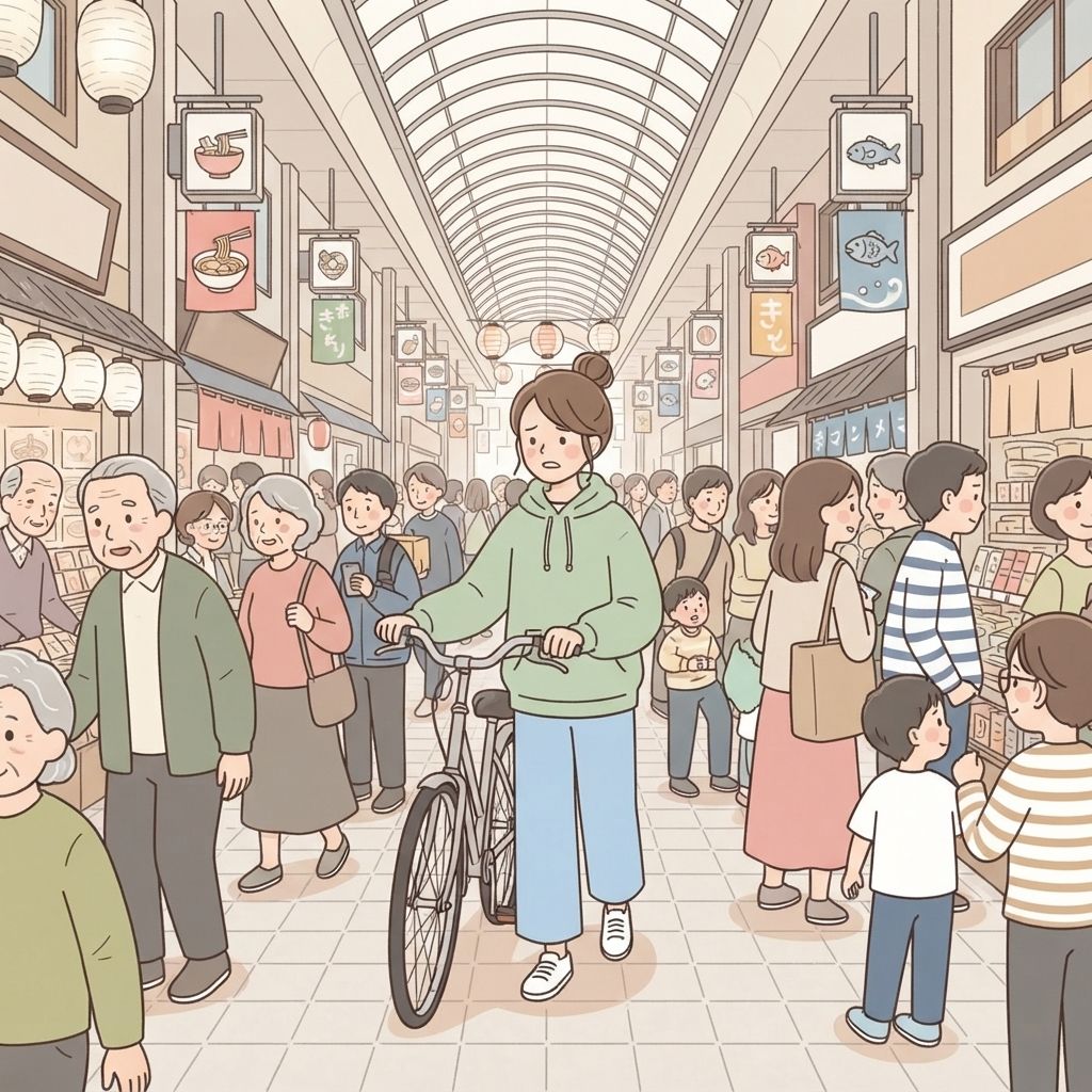 นักท่องเที่ยวเดินจูงจักรยานที่แฮนด์ผ่านตลาดมีหลังคาที่แน่นขนัด