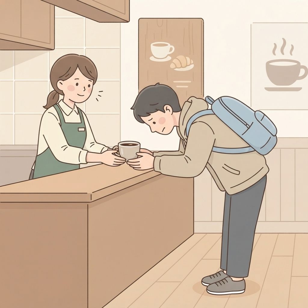 นักท่องเที่ยวโค้งลึกแบบเป็นทางการขณะรับแก้วกาแฟจากพนักงานคาเฟ่ ซึ่งเพียงแค่ผงกหัวเล็กน้อยอย่างสุภาพ
