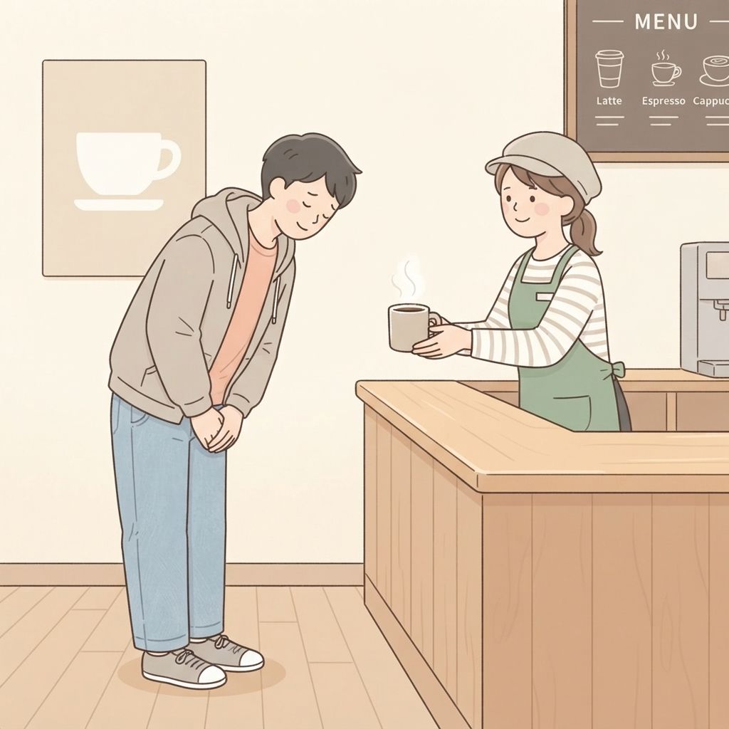 นักท่องเที่ยวโค้งศีรษะเล็กน้อยจากช่วงคอให้พนักงานคาเฟ่ที่ยื่นกาแฟให้ ท่าทางเบาและผ่อนคลาย