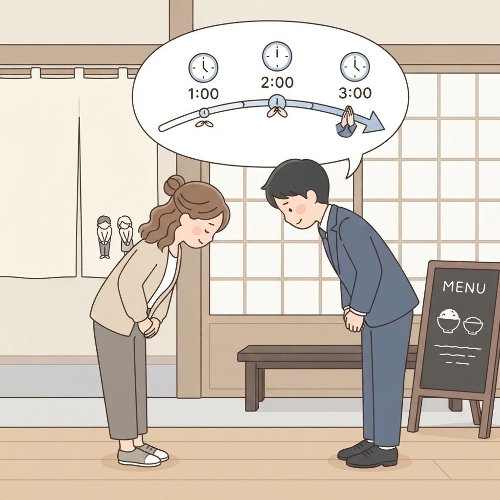 นักท่องเที่ยวและชายชาวญี่ปุ่นค้างท่าโค้งพร้อมกัน ทั้งคู่ก้มตัวไปข้างหน้าและนิ่งอยู่