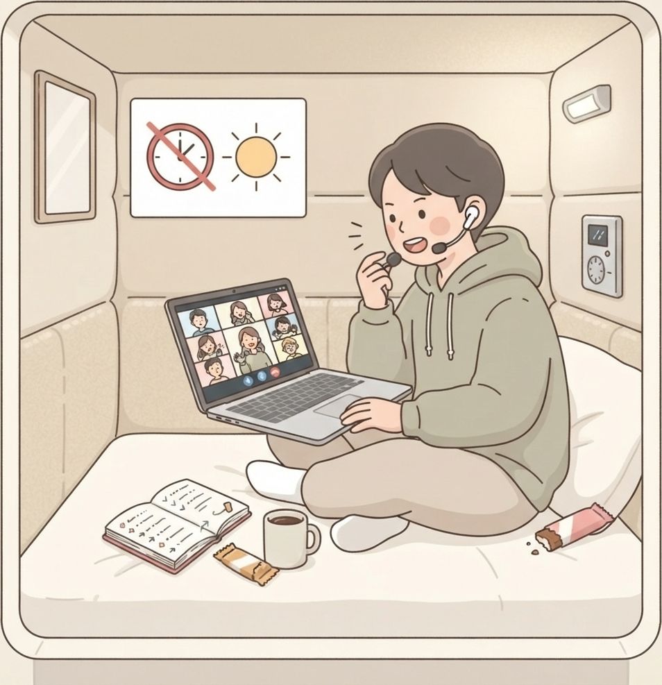 นักท่องเที่ยวนั่งขัดสมาธิในแคปซูลโดยเปิดแล็ปท็อปบนตักและอยู่ระหว่างการประชุมทางวิดีโอ