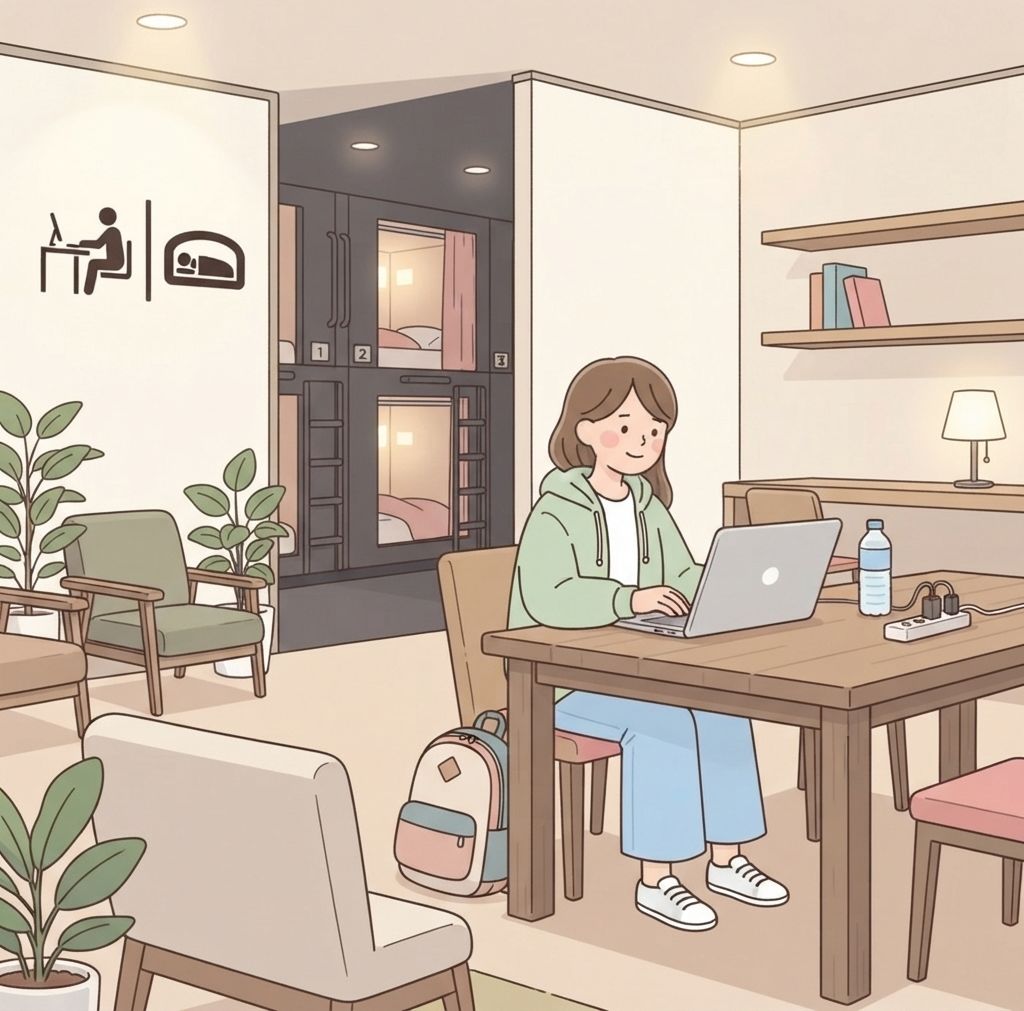 นักท่องเที่ยวนั่งทำงานด้วยแล็ปท็อปที่โต๊ะในเลานจ์ของโรงแรม ห่างจากโซนแคปซูลพอสมควร