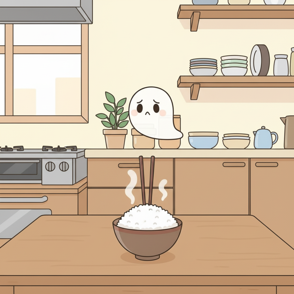 Two chopsticks standing vertically in a bowl of rice, with a small worried ghost floating above