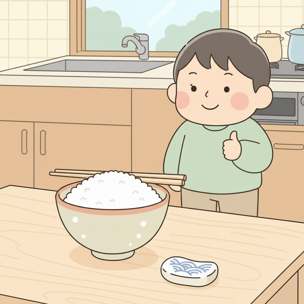 Chopsticks resting horizontally across the rim of a rice bowl, with a hashi-oki chopstick rest nearby