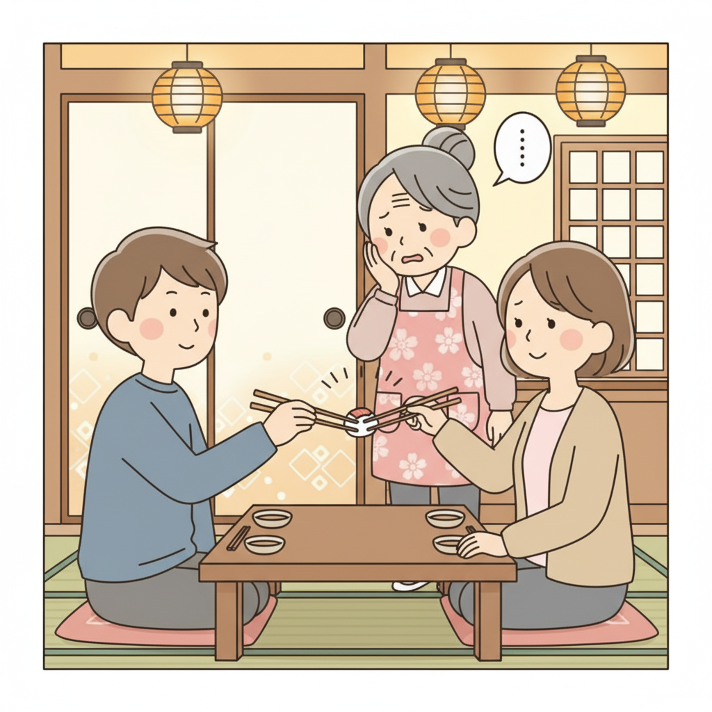 Two people passing food chopstick-to-chopstick across a Japanese dining table while a grandmother in the background looks distressed