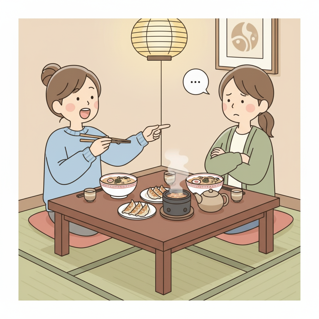 A person at a dining table pointing forward with chopsticks while talking, with another diner looking uncomfortable