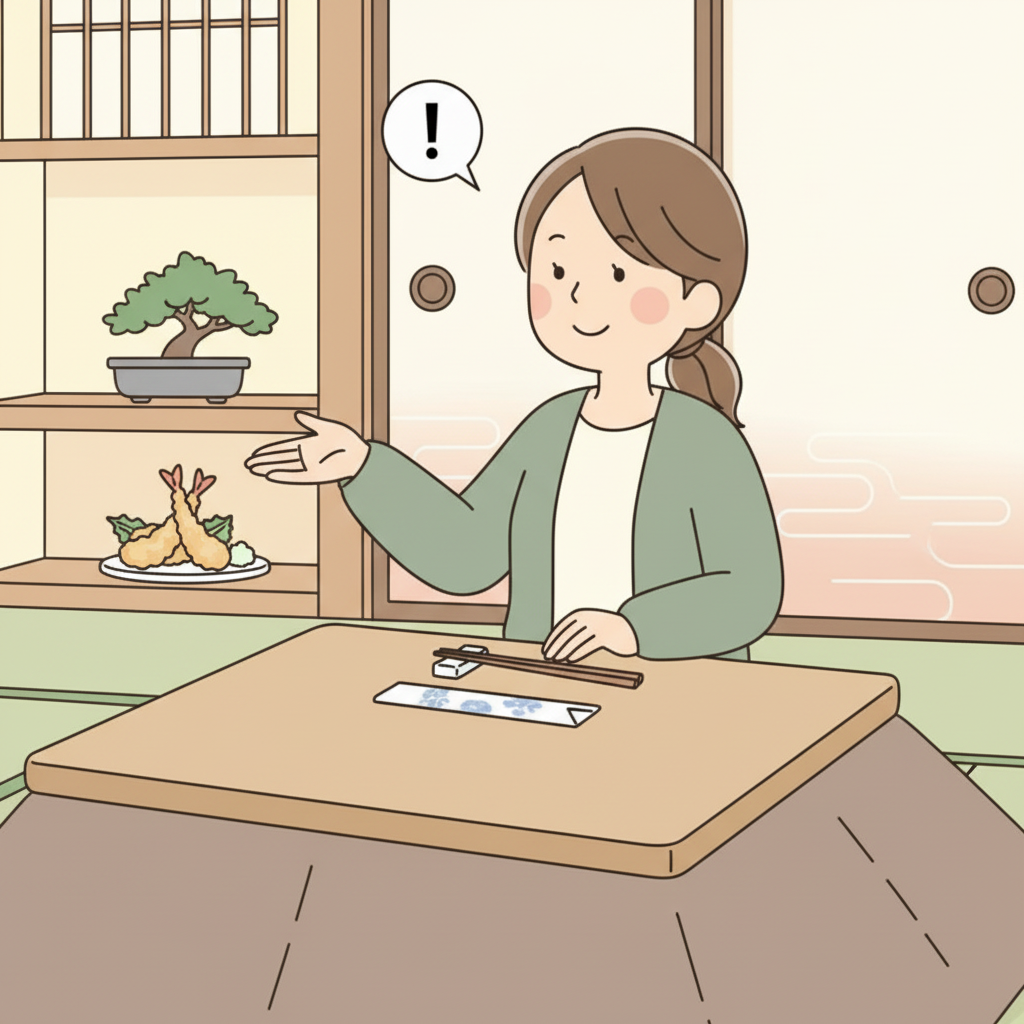 The same person with chopsticks resting on a hashi-oki, gesturing politely with an open free hand