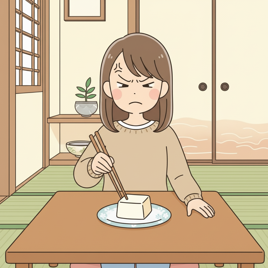 A frustrated person stabbing chopsticks down into a cube of tofu on a plate