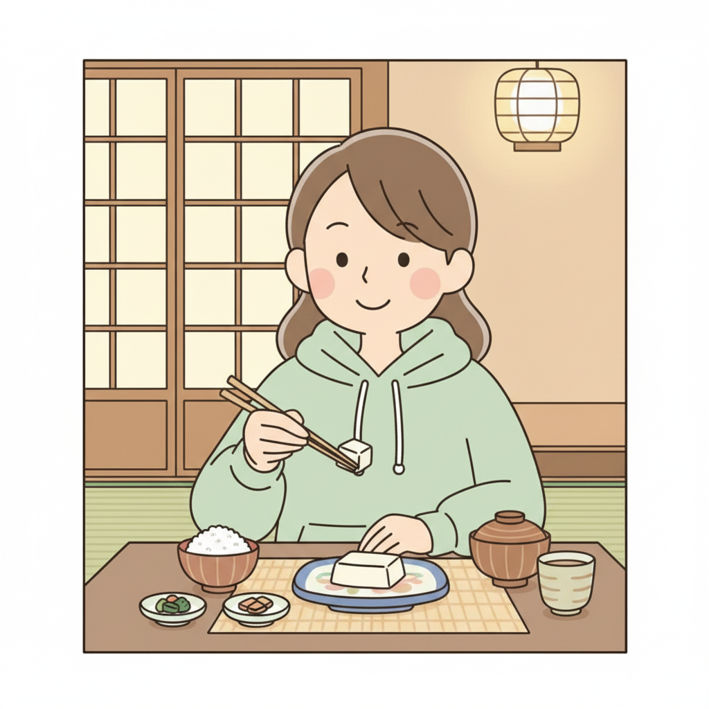 The same person calmly lifting a piece of tofu with a proper chopstick pinch grip