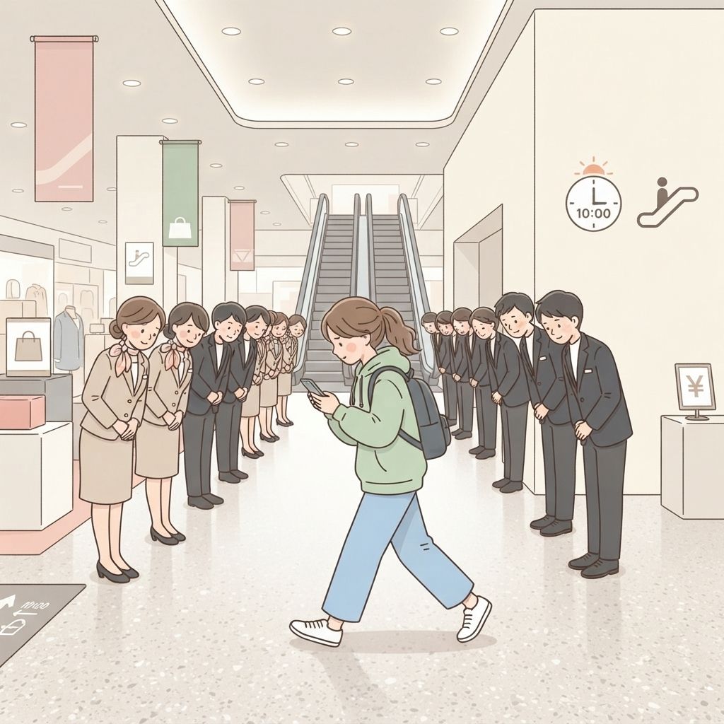 นักท่องเที่ยวเดินฉิวผ่านแถวพนักงานที่ยืนโค้งคำนับตอนเปิดร้าน โดยก้มมองโทรศัพท์