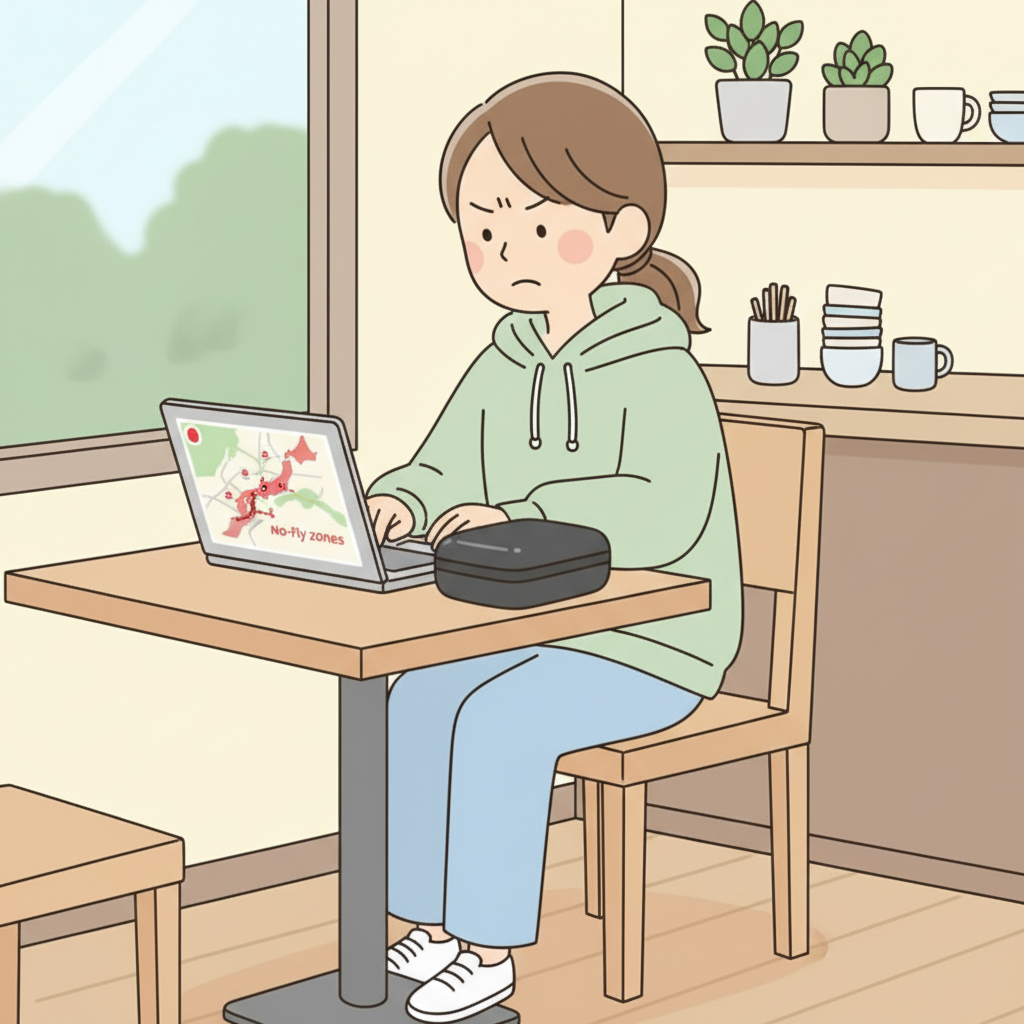 카페 테이블에 앉아 노트북 화면으로 일본 비행 금지 구역 지도를 검토하는 여행자, 옆에 닫힌 드론 케이스, 집중해서 계획하는 표정
