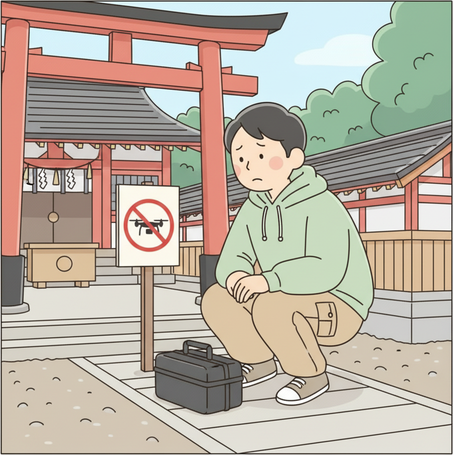 일본 신사 입구에 게시된 드론 금지 그림이 또렷한 안내판을 읽고 있는 여행자, 발치에 지퍼를 닫은 드론 케이스, 예의 바른 자세