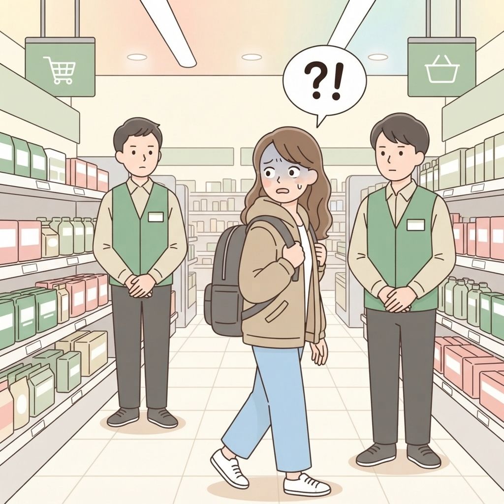 นักท่องเที่ยวชำเลืองมองข้ามไหล่อย่างกระวนกระวายไปยังพนักงานร้านขายยาที่ยืนคอยอยู่ห่างไปไม่กี่ก้าว