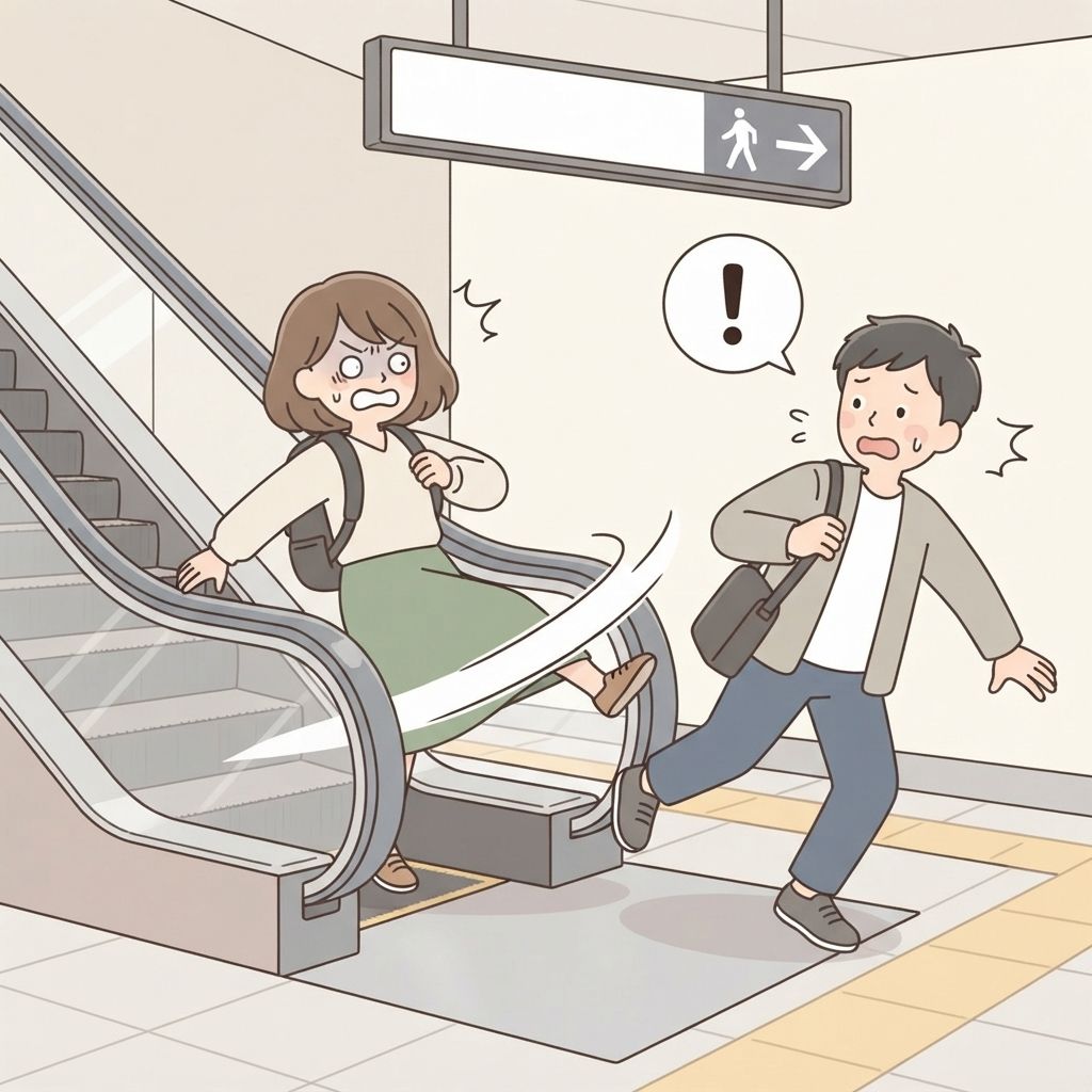 นักท่องเที่ยวที่วิ่งขึ้นมาตามช่องทางเดินตัดเข้าด้านข้างอย่างกะทันหันเมื่อถึงด้านบน ตรงเข้าทางของคนที่กำลังก้าวออก