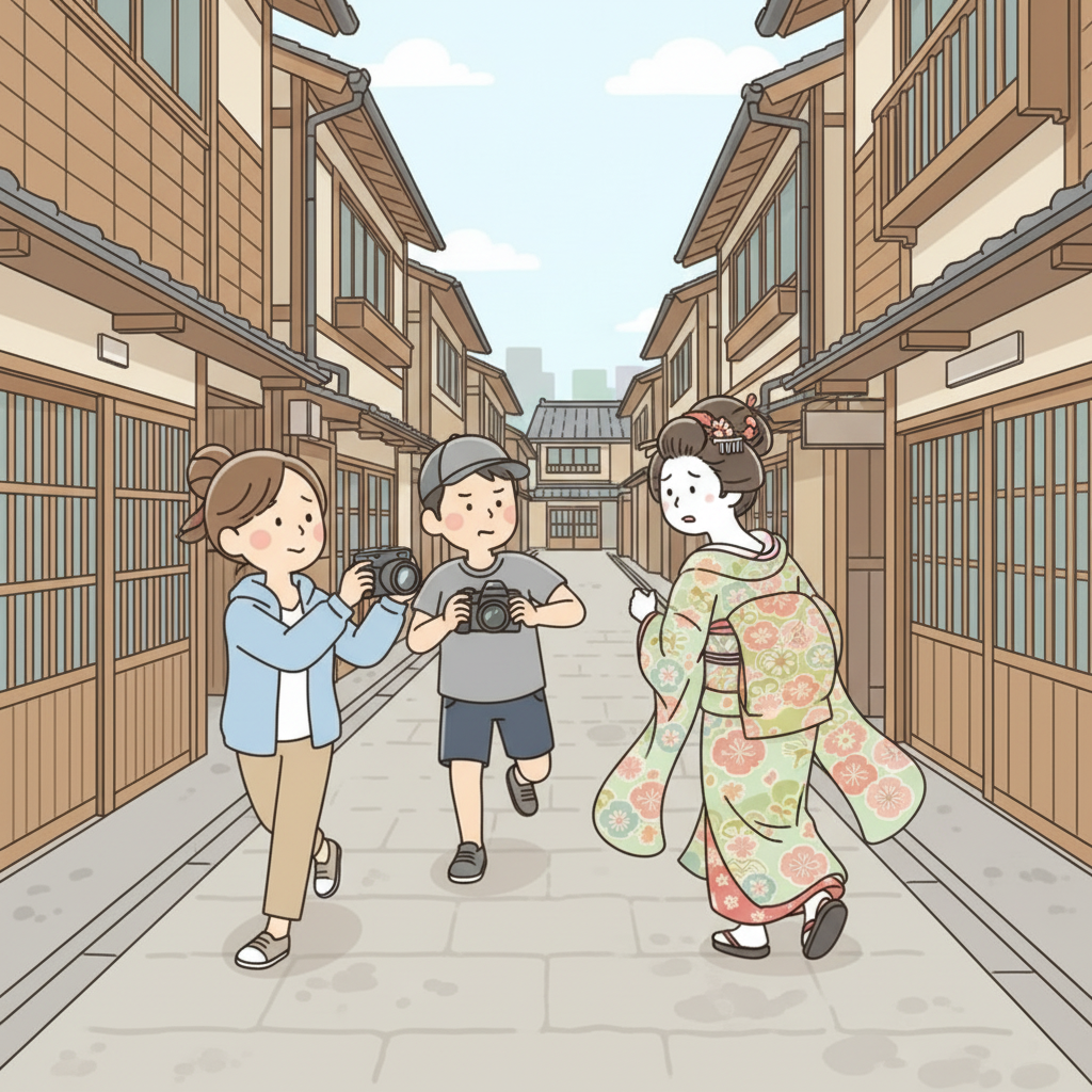 정교한 기모노를 입은 게이샤를 카메라를 들고 쫓아가는 두 관광객, 좁은 기온 거리에서 괴로운 표정으로 서둘러 피하는 게이샤