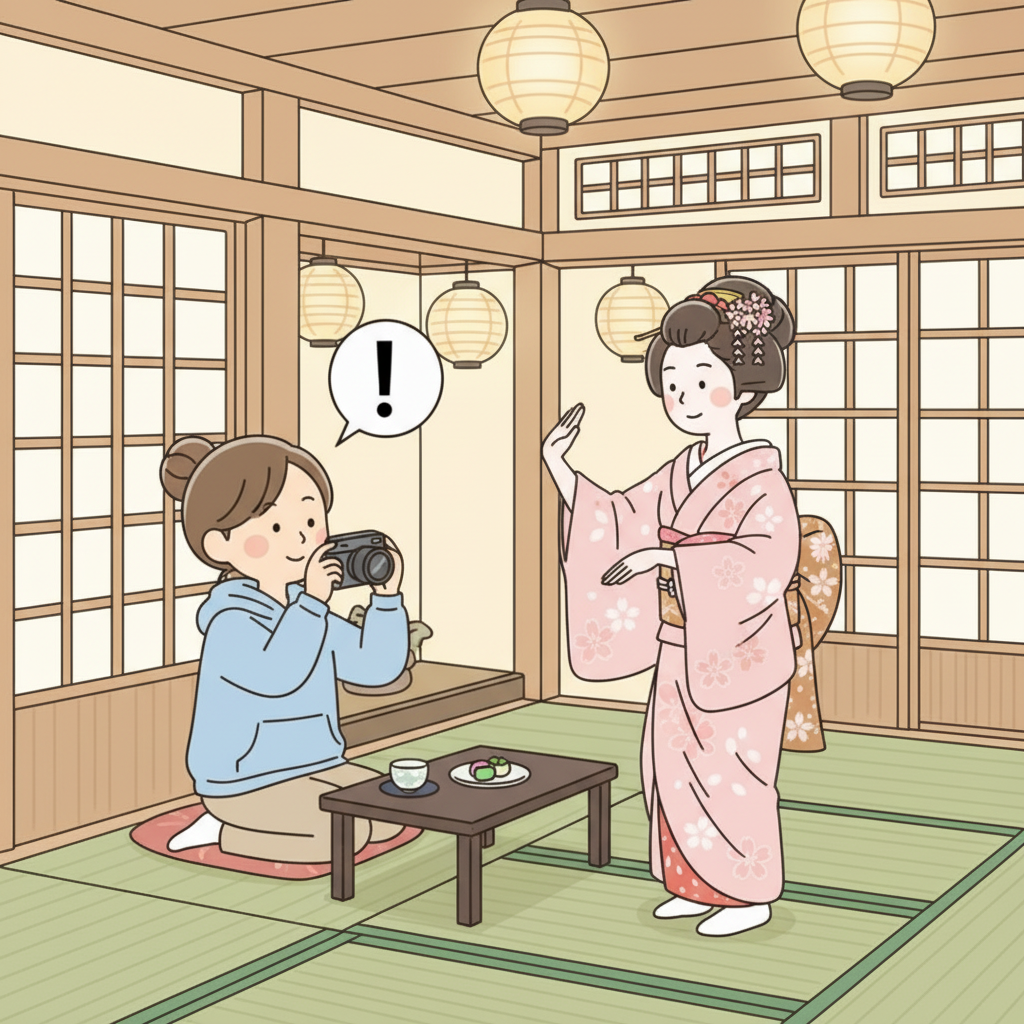 찻집의 다다미에 앉아 마이코의 전통 무용 공연을 보며 허락을 받고 사진을 찍는 관광객, 종이 등불이 있는 따뜻하고 환영하는 분위기