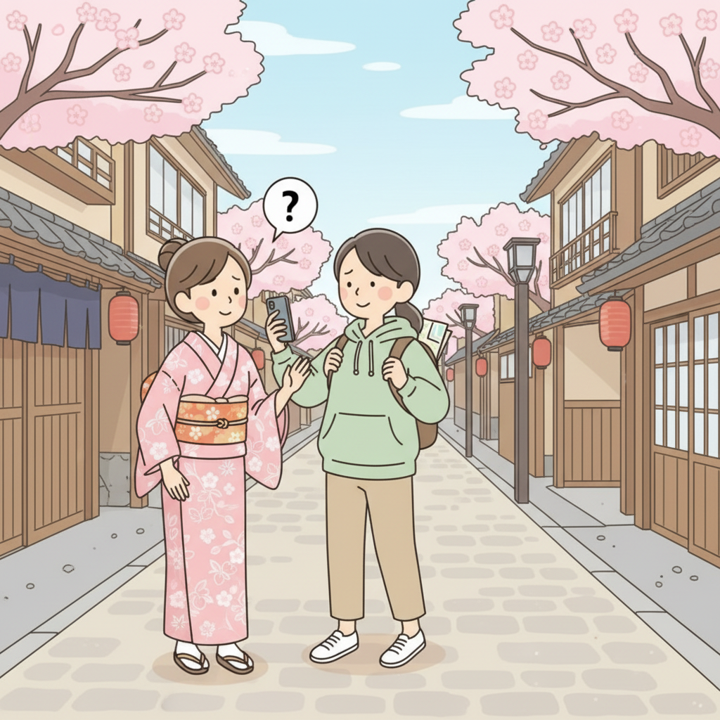 교토 거리에서 묻지 않고 렌탈 기모노를 입은 다른 여성을 몰래 촬영하는 관광객, 놀라고 불편해하는 여성