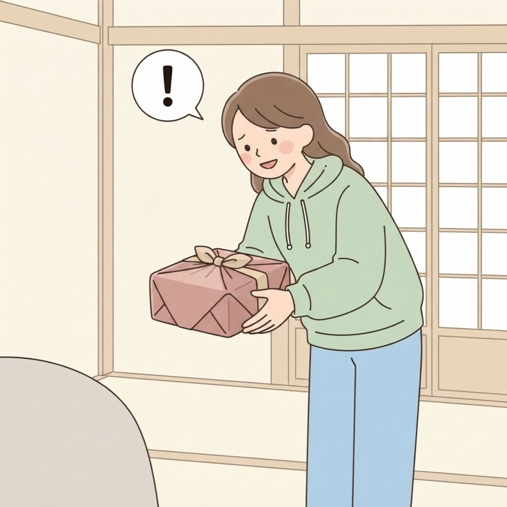 นักท่องเที่ยวถือของขวัญที่ห่อไว้ด้วยสองมือและโค้งเล็กน้อยขณะยื่นให้