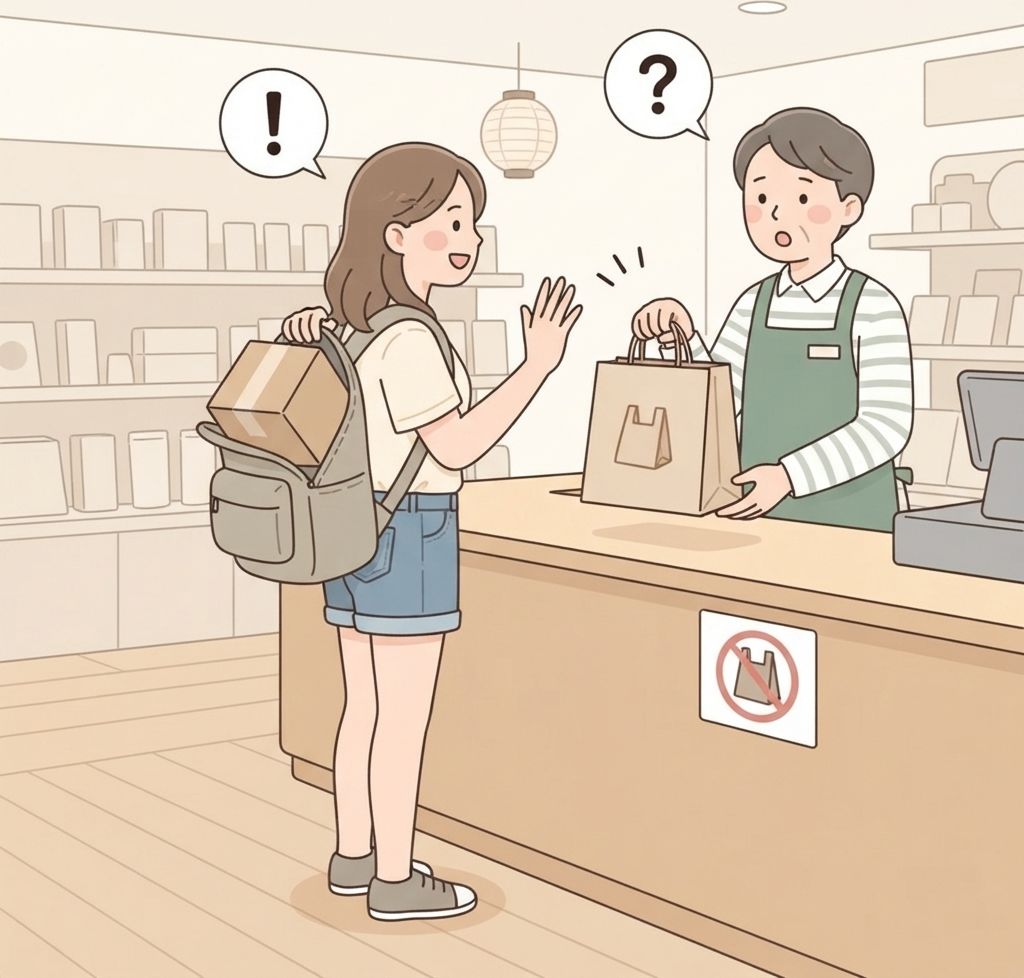 นักท่องเที่ยวที่เคาน์เตอร์ร้านของฝากโบกมือปฏิเสธถุงที่พนักงานยื่นให้ แล้วหย่อนกล่องที่ยังไม่ห่อลงกระเป๋าเป้ของตัวเองเลย