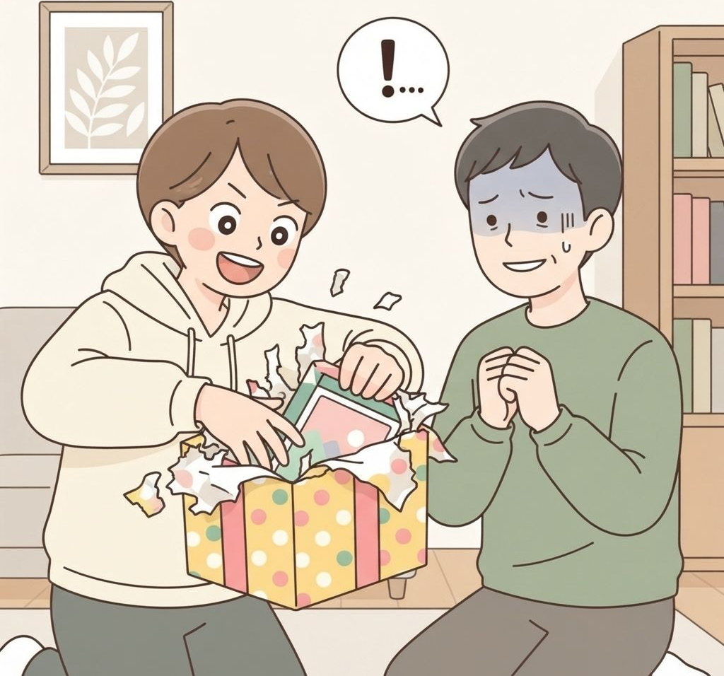 นักท่องเที่ยวฉีกกระดาษห่อของขวัญทันทีที่ได้รับ ขณะที่ผู้ให้มองด้วยรอยยิ้มเกร็งๆ