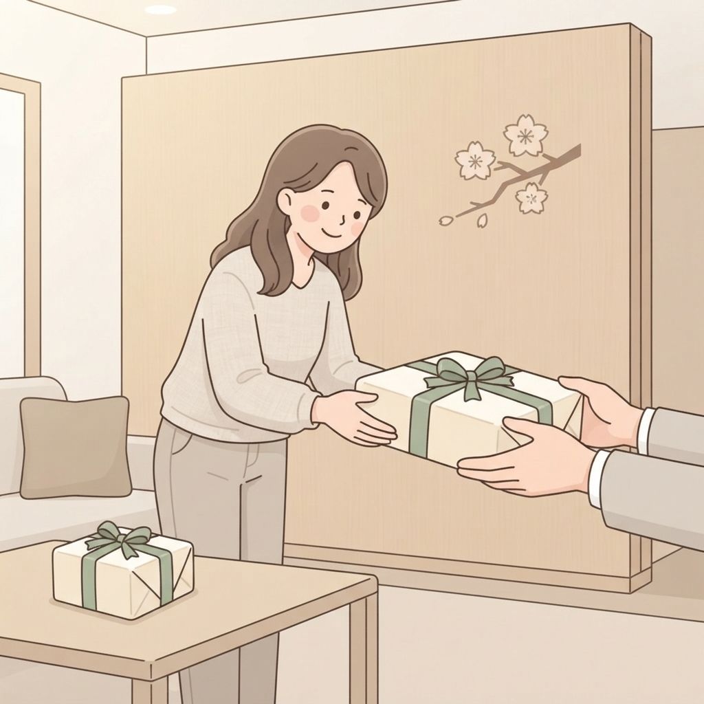 นักท่องเที่ยวรับของขวัญที่ห่อไว้ด้วยสองมือพร้อมโค้งเล็กน้อย แล้ววางไว้ข้างๆ โดยไม่แกะ