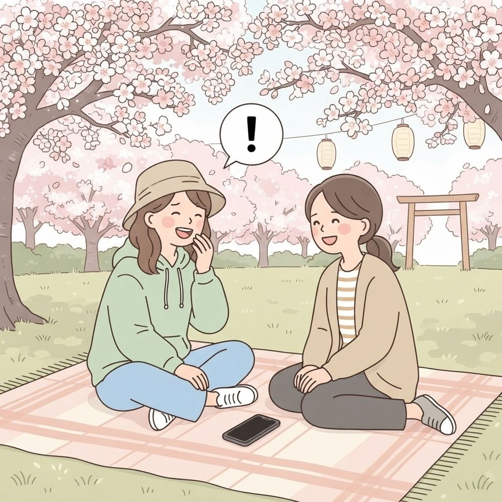 นักท่องเที่ยวคุยกับเพื่อนด้วยเสียงปกติใต้ต้นซากุระ โดยวางโทรศัพท์เงียบไว้บนผ้าปิกนิก