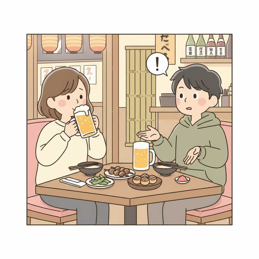 居酒屋のテーブルで一人がすでにビールを飲んでいて、もう一人が自分のグラスをまだ手につけずに見ている