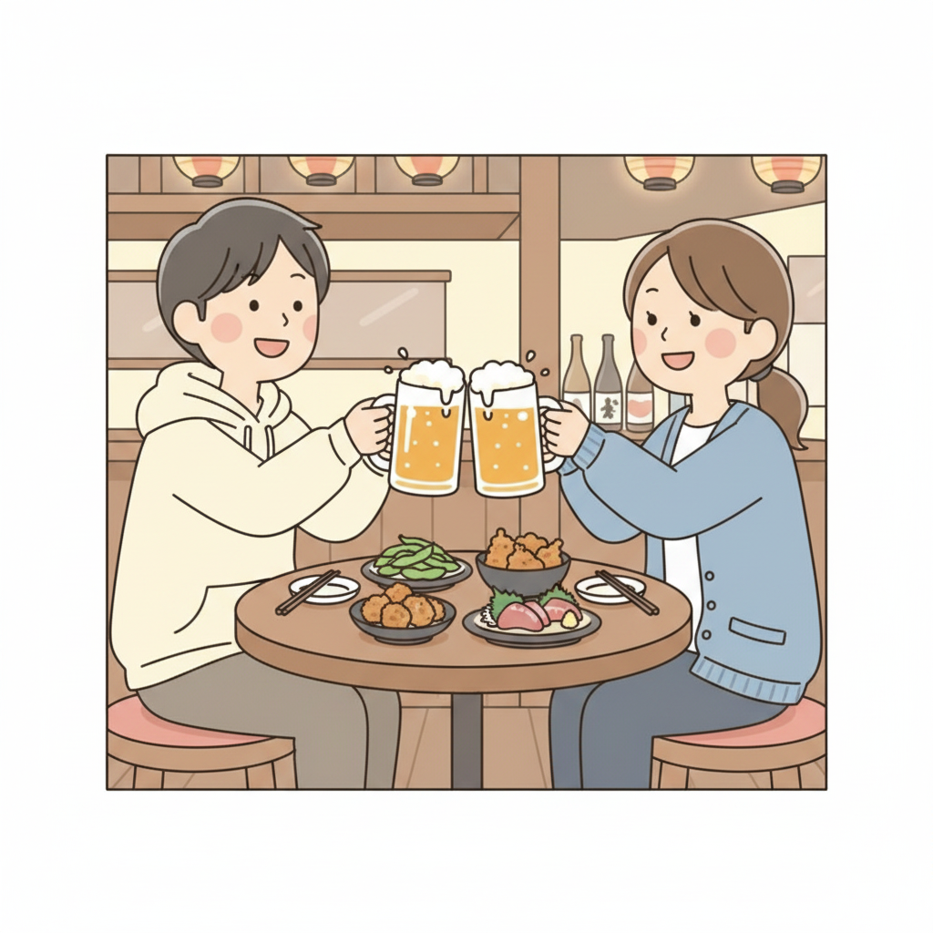 居酒屋のテーブルで2人がビールグラスを上げて笑顔で乾杯している