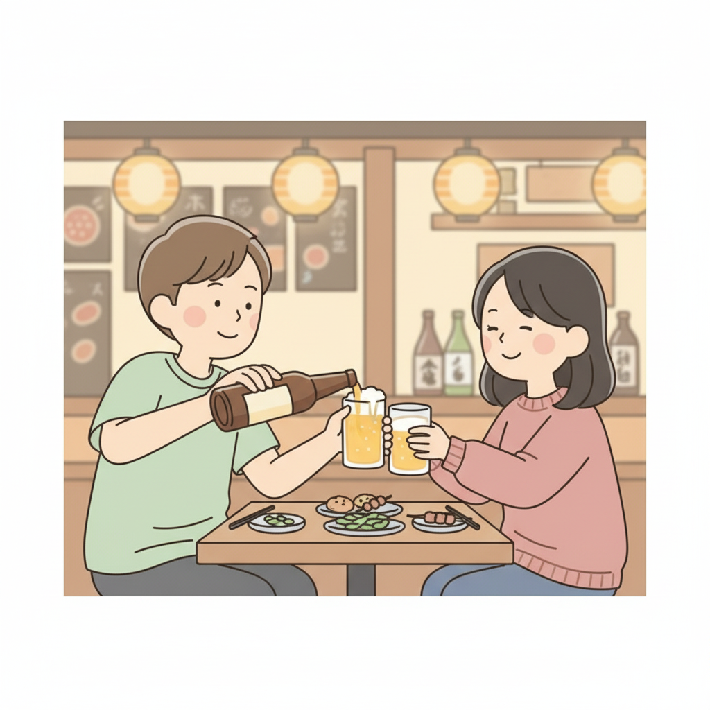 居酒屋のテーブルで一人が友人のグラスにビールを注いでおり、友人は両手でグラスを上げて受け取っている