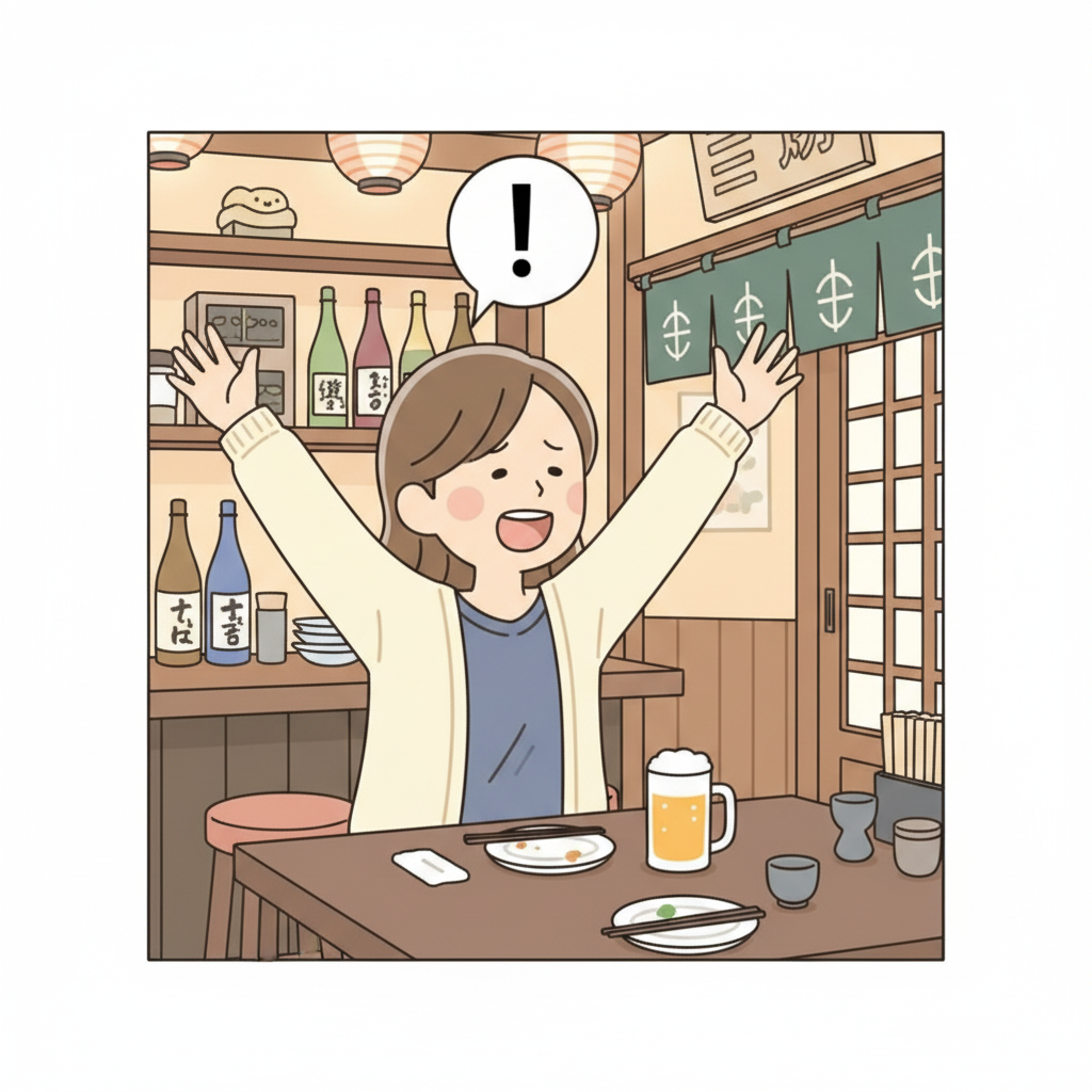 居酒屋のテーブルで両腕を頭上に激しく振って向こうのスタッフを呼ぼうとしている人