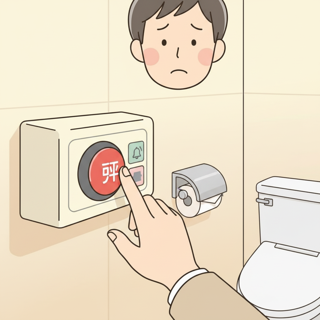 La mano de un turista acercándose a un botón rojo grande y llamativo etiquetado con un pictograma de campana y el carácter 呼 en el panel de pared de un washlet japonés, con expresión algo confundida