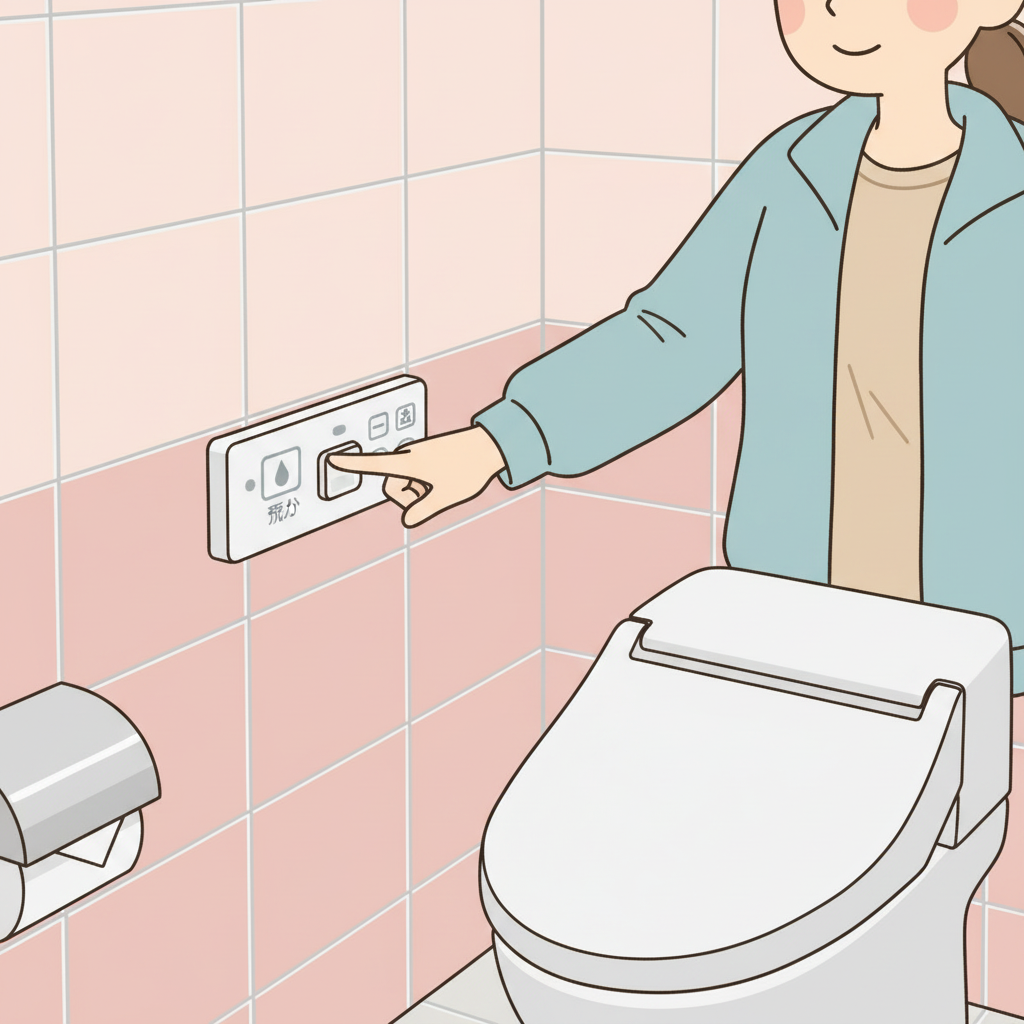 La mano de un turista pulsando un botón más pequeño etiquetado 流す con un icono de gota de agua en un panel de pared junto a un inodoro japonés, con expresión segura y tranquila