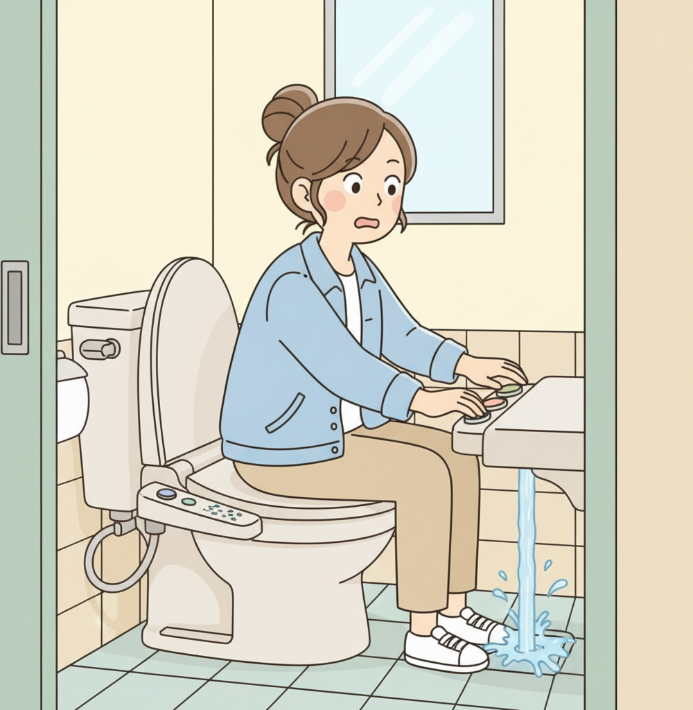 Un turista sentado en un washlet japonés aporreando botones sin etiqueta del panel de control lateral con expresión sorprendida y ojos muy abiertos, con agua claramente saliendo a chorro desde abajo