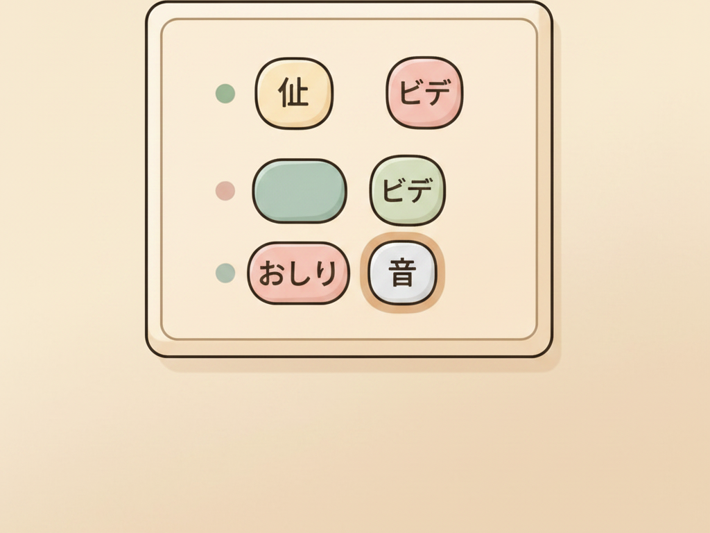 Primer plano ilustrado de un panel de control de washlet japonés con cuatro botones clave claramente destacados y etiquetados 止, おしり, ビデ y 音, sin personas en la imagen