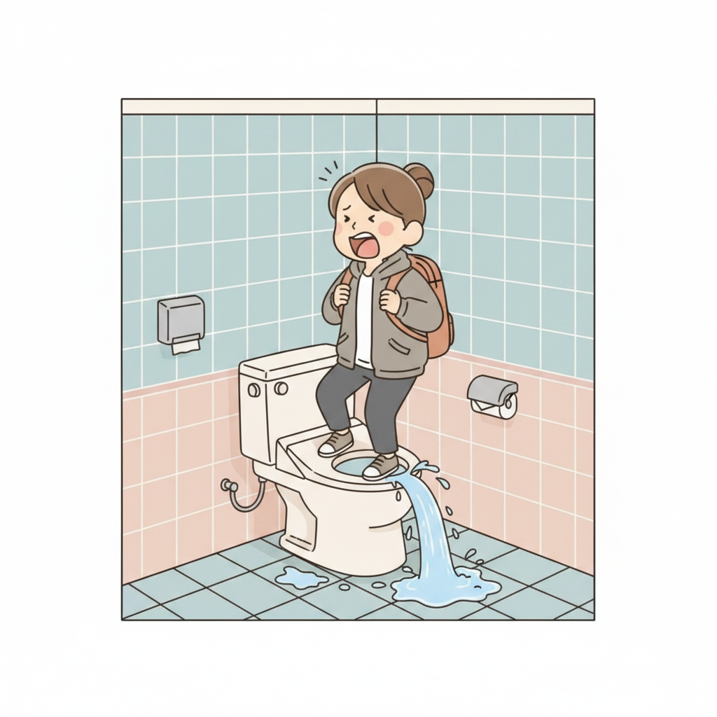 Un turista a medio levantarse de un washlet japonés con el agua saliendo en arco y salpicando el suelo y la pared, con expresión alarmada y la boca abierta