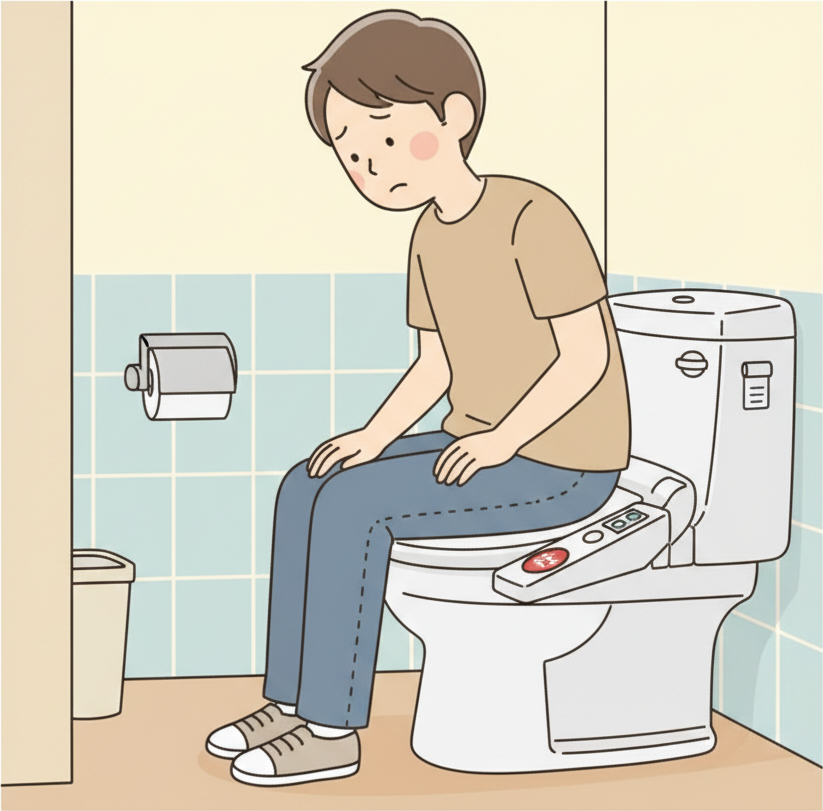 Un turista sentado en un washlet japonés pulsando con calma un botón rojo prominente 止 de parada en el panel de control lateral, con expresión concentrada y cuidadosa