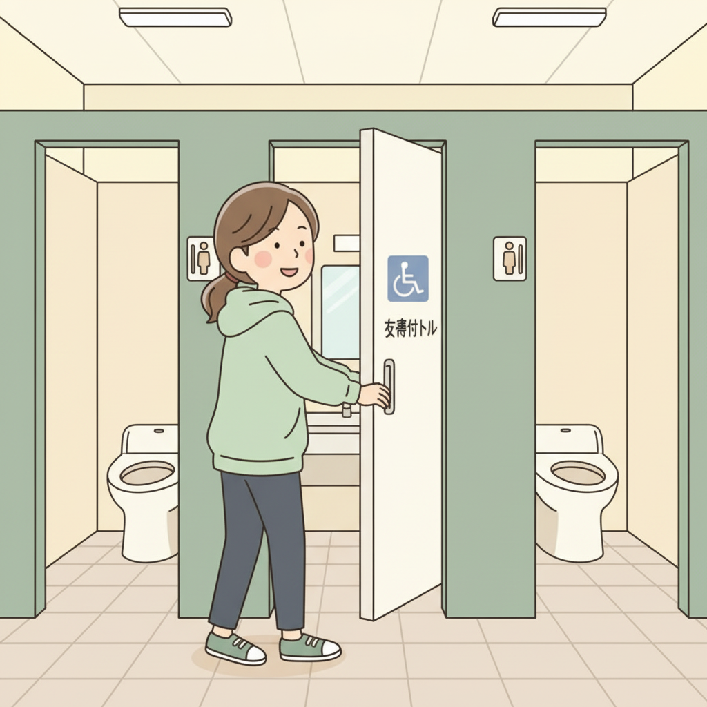 Un turista sin discapacidad entrando por la puerta de una cabina de baño claramente marcada como accesible (多目的) con un pictograma de silla de ruedas visible, con cabinas normales vacías a la vista, expresión despistada