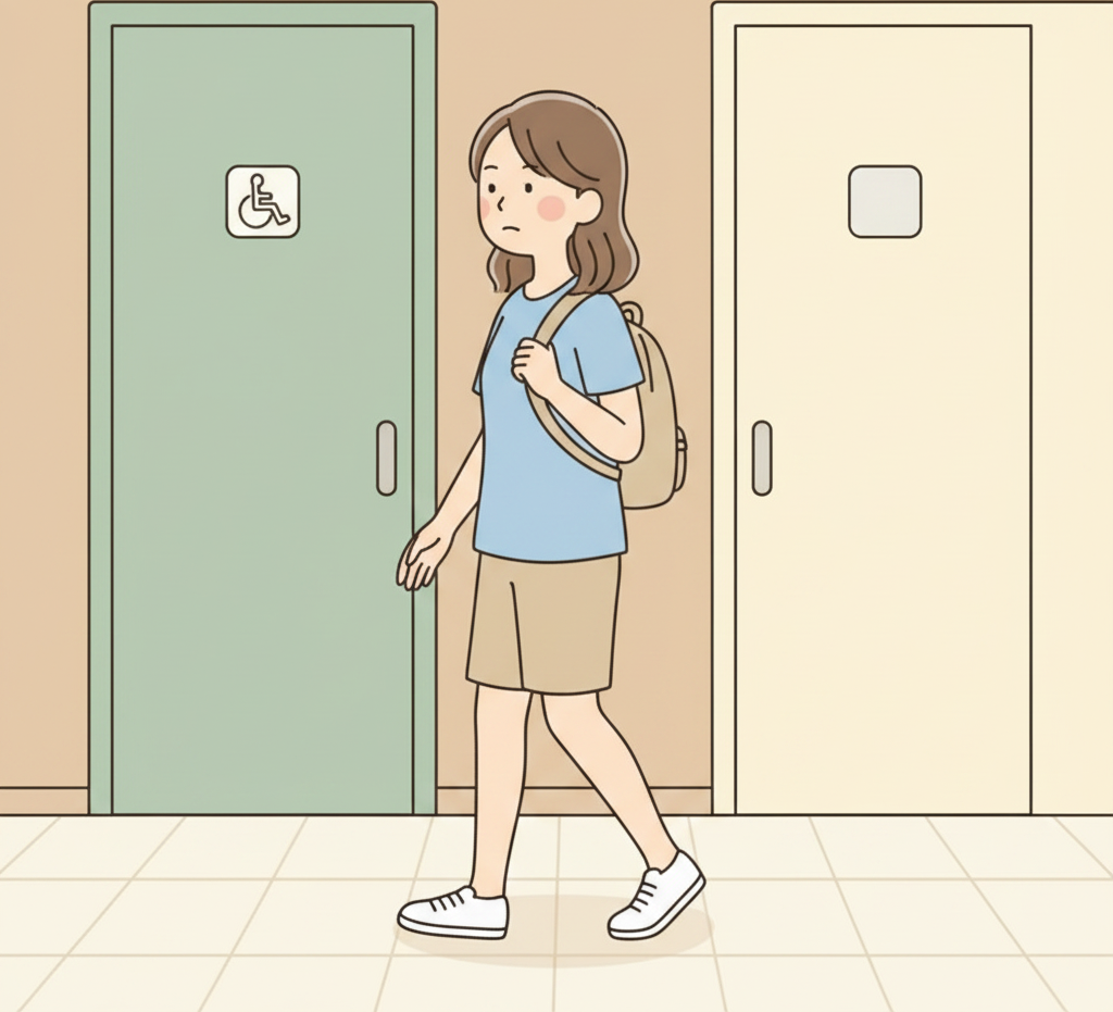 Un turista pasando junto a la puerta de un baño accesible claramente marcada con un pictograma de silla de ruedas y dirigiéndose hacia la puerta de una cabina normal, con paso natural