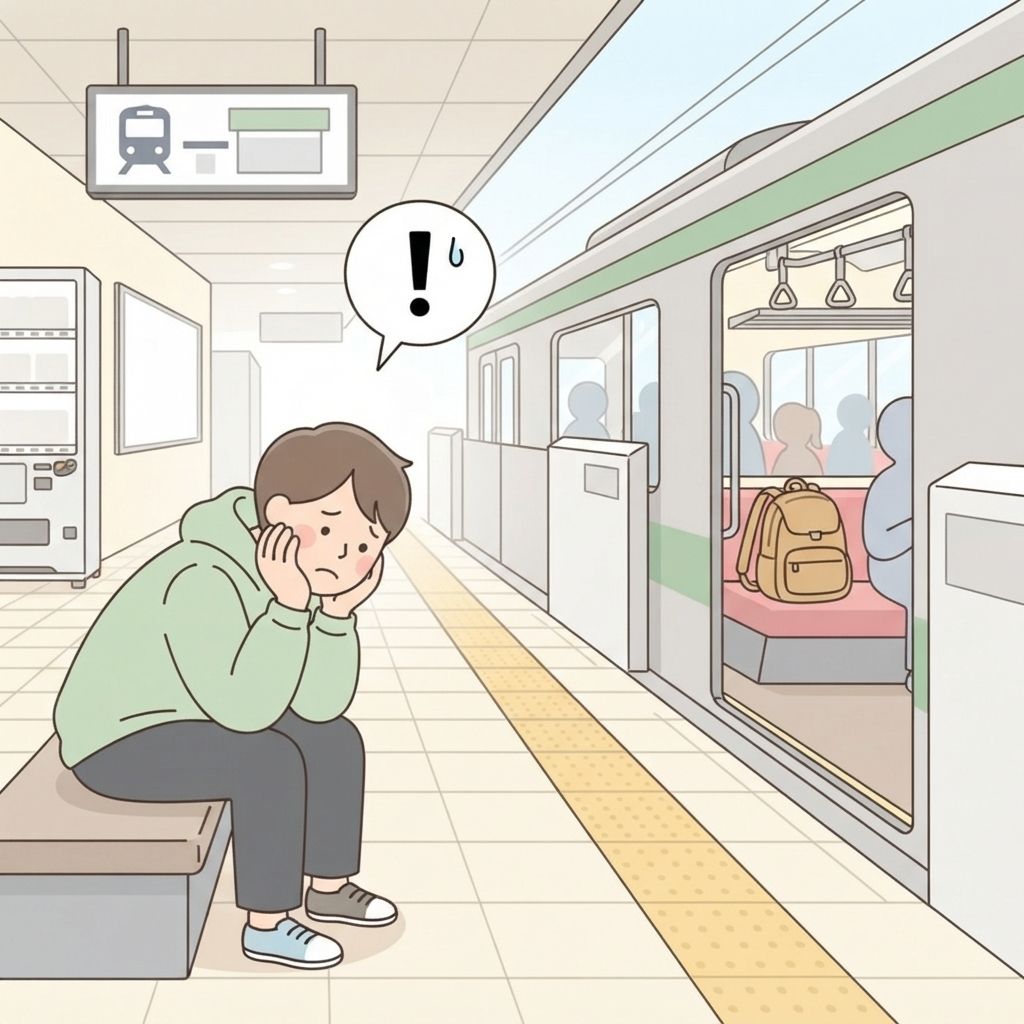 นักท่องเที่ยวยืนห่อไหล่มือเปล่าบนชานชาลาขณะรถไฟแล่นออกไป กระเป๋าของเขายังวางอยู่บนที่นั่งข้างใน