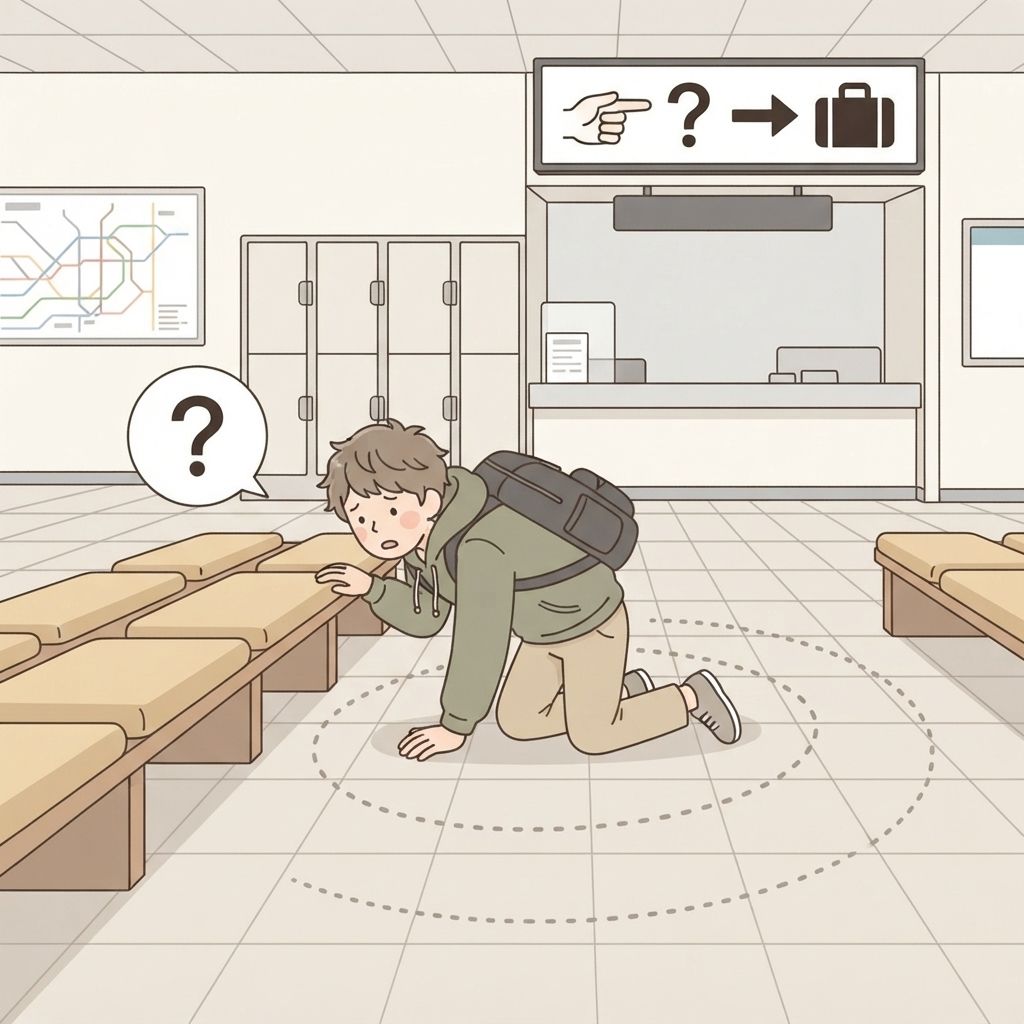 นักท่องเที่ยวเดินวนไปมาในโถงสถานีและก้มมองใต้ม้านั่ง ค้นหาด้วยตัวเองเพียงลำพัง