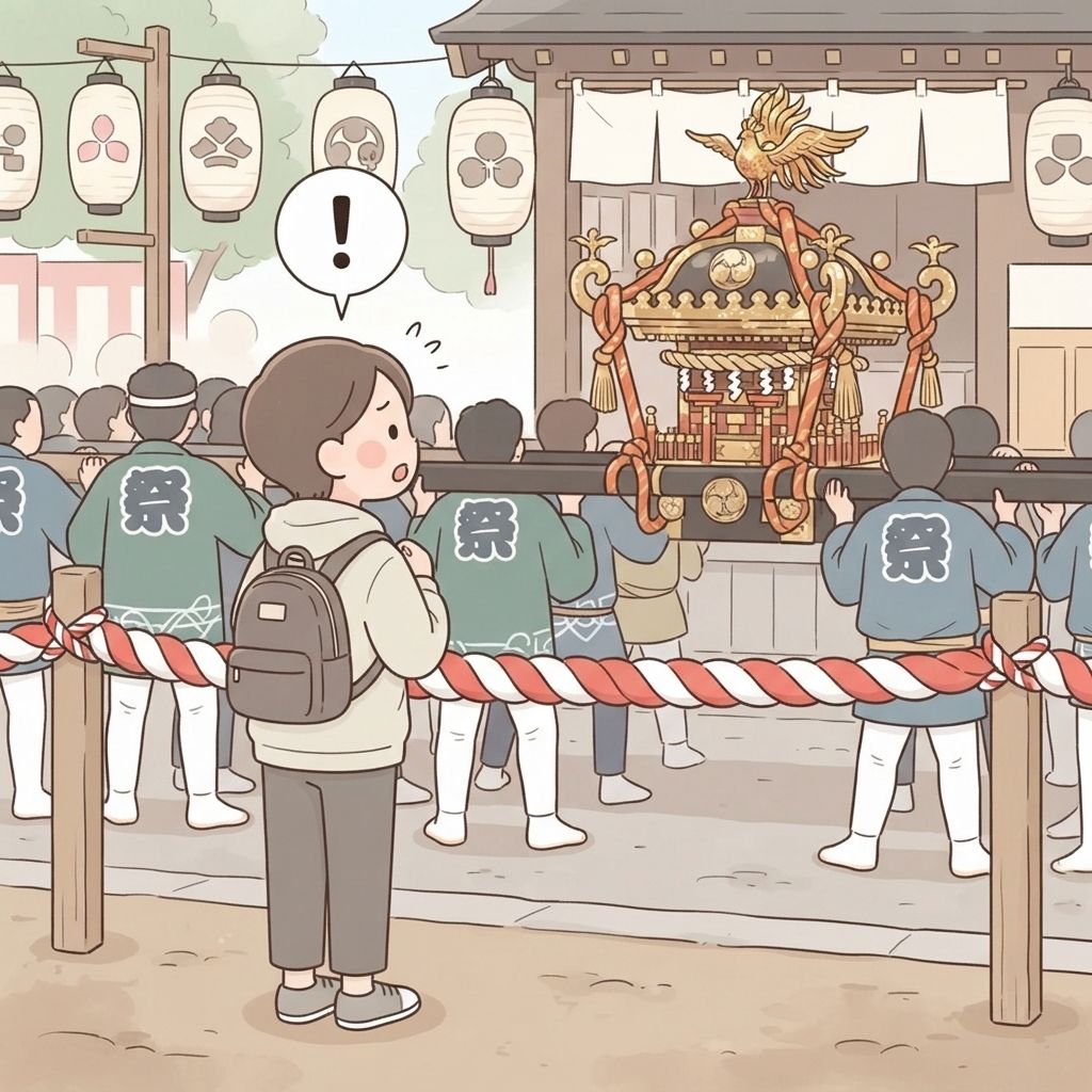 นักท่องเที่ยวยืนดูอยู่หลังเชือกกั้นริมถนนงานเทศกาลขณะที่ศาลเจ้าเคลื่อนที่ผ่านไป