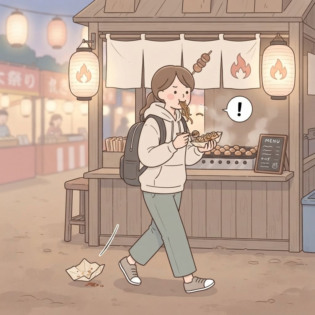 นักท่องเที่ยวเดินออกจากร้านอาหารในงานเทศกาลพร้อมกินไปด้วย มีห่อกระดาษตกอยู่บนพื้นด้านหลังและเคาน์เตอร์ร้านยังถูกกีดขวาง