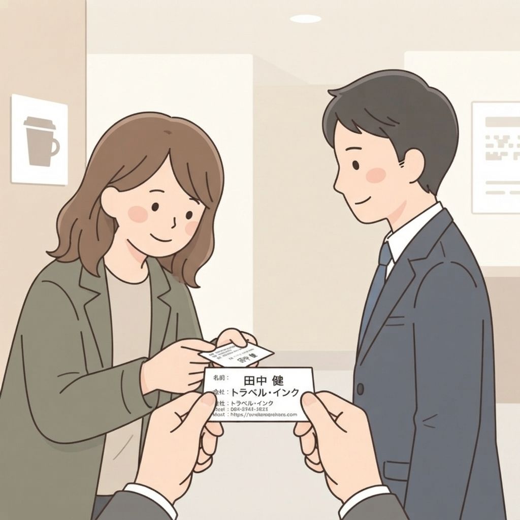 นักท่องเที่ยวจับนามบัตรที่มุมบนทั้งสองข้างด้วยสองมือ หันตัวอักษรไปทางนักธุรกิจชาวญี่ปุ่น และยื่นให้พร้อมโค้งเล็กน้อย