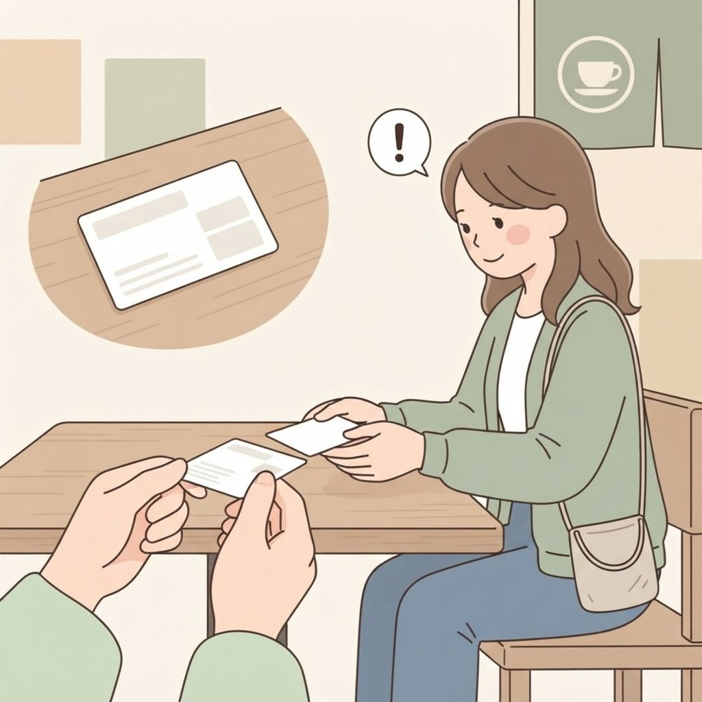 นักท่องเที่ยวรับนามบัตรด้วยสองมือ อ่านดู แล้ววางไว้บนโต๊ะตรงหน้าที่นั่งของตน