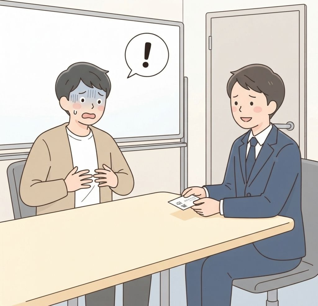 นักท่องเที่ยวคลำกระเป๋าเปล่าที่โต๊ะประชุมเพราะนามบัตรหมด ขณะที่นักธุรกิจชาวญี่ปุ่นยื่นนามบัตรให้