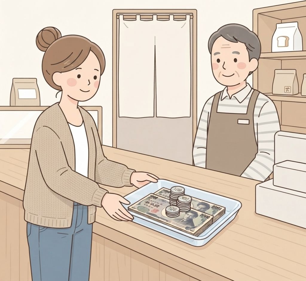 นักท่องเที่ยววางธนบัตรแบนราบลงในถาดเล็กบนเคาน์เตอร์พร้อมวางเหรียญไว้ด้านบน แล้วดันไปทางพนักงาน