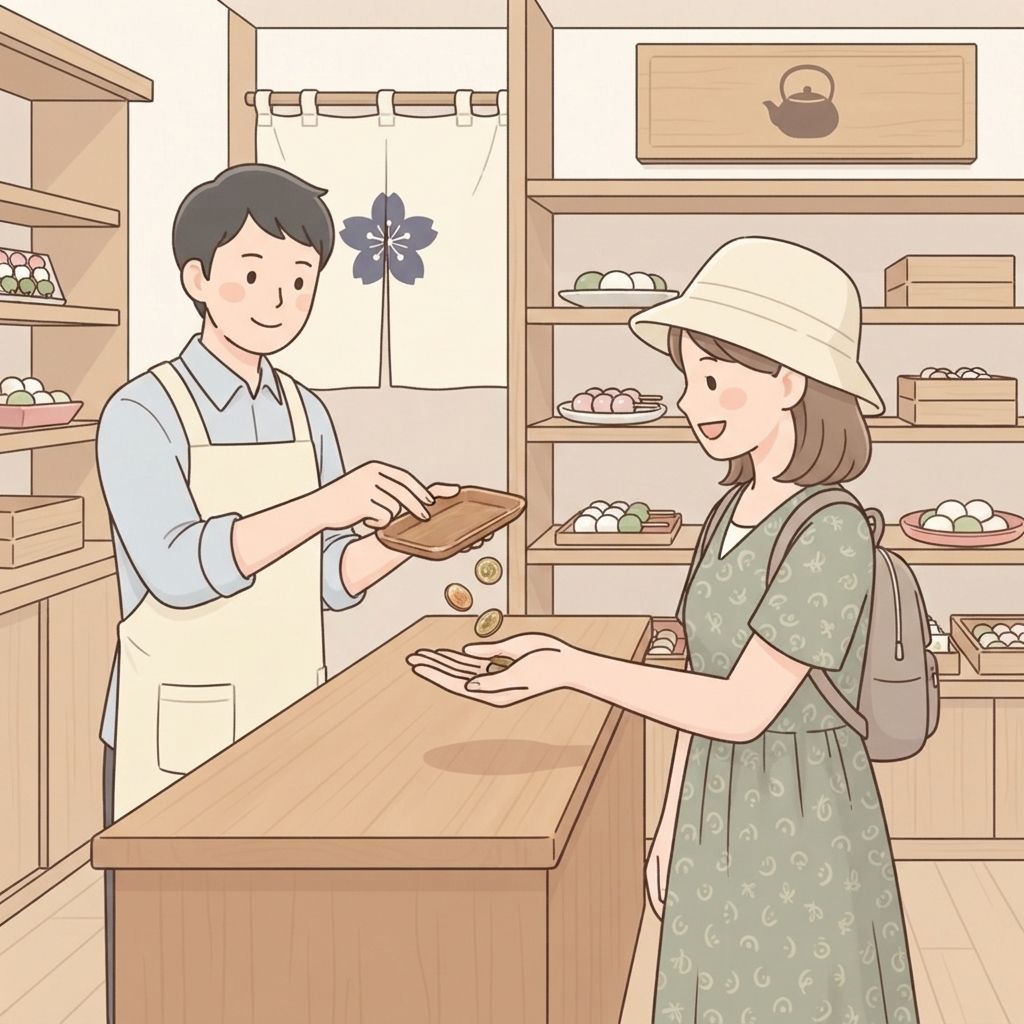 นักท่องเที่ยวแบมือรออยู่เหนือเคาน์เตอร์เพื่อให้พนักงานเทเงินทอนลงในมือ
