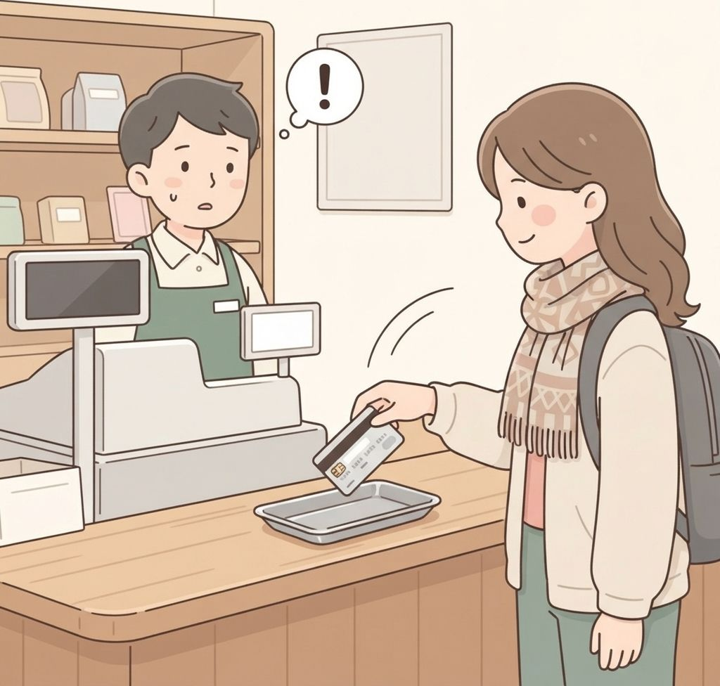 นักท่องเที่ยวหย่อนบัตรเครดิตลงในถาดใส่เงินสดบนเคาน์เตอร์